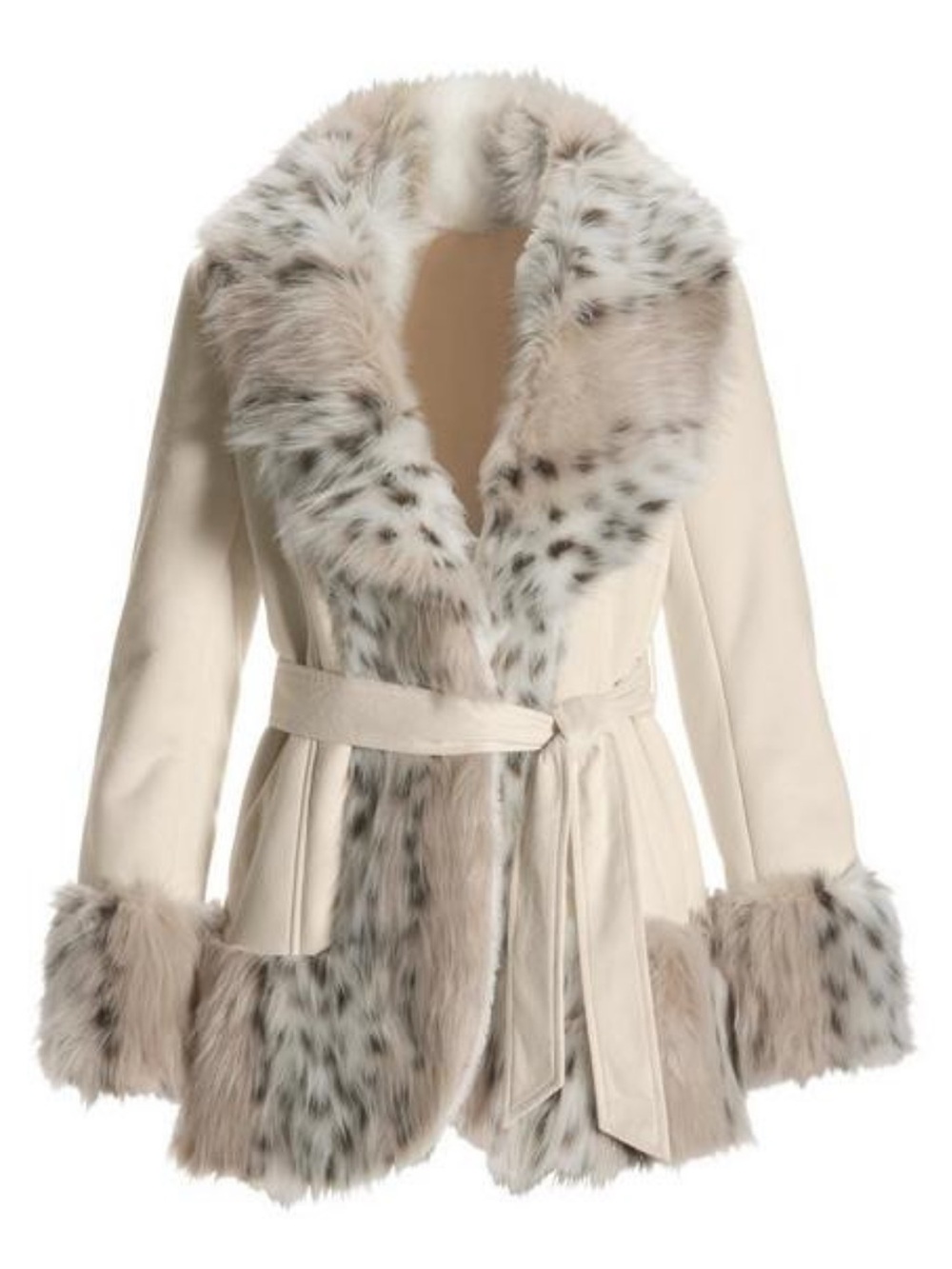 Fabulous Furs Leopard Print Women's Faux-Fur Trim Ivory Wrap Coat Size Medium